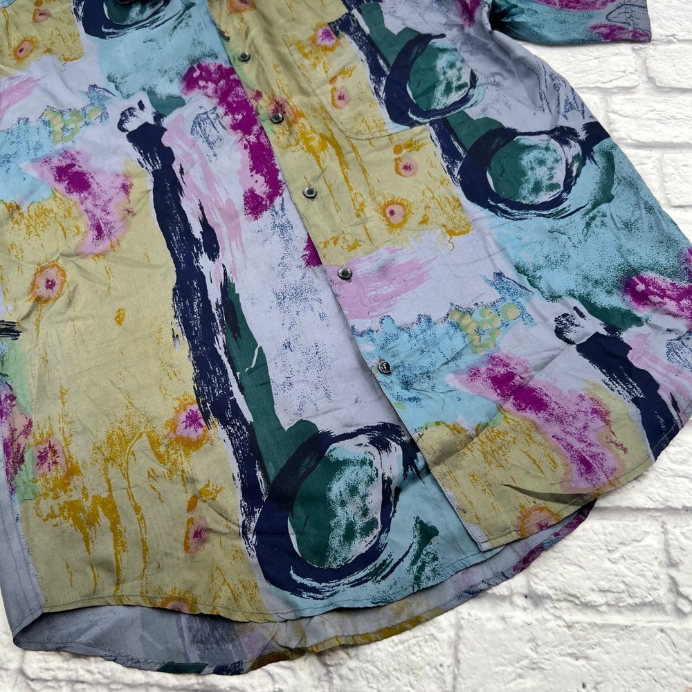 Goouch Vintage 90s Silk Abstract Brushstroke Print Shirt Men's Large Blue Purple - Picture 5 of 11